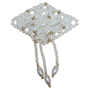 Vintage DC Signed Faux Pearl Beaded Hair Barrette Flower Dangle Diamond Clip